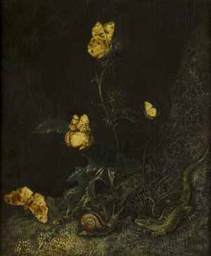 Lot 6005, Auction  104, Schrieck, Marseus Otto van, Waldstück mit Schmetterlingen, Schnecke und Eidechse