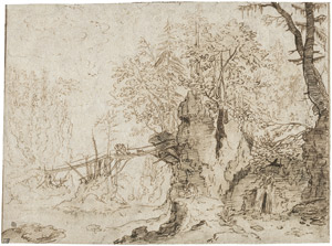 Lot 6221, Auction  104, Flämisch, um 1600. Flusslandschaft mit Wanderern auf einer Brücke