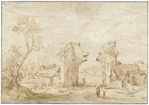 Lot 6233, Auction  104, Hondecoeter, Gillis Claesz de, Dorflandschaft mit verfallenem mittelalterlichen Stadttor