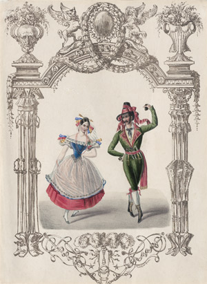 Lot 2029, Auction  110, Harlekin und Pulcinella, Kolorierte Lithographie in braungedrucktem Holzschnitt-Rahmen 