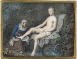 Lot 6820, Auction  112, Chodowiecki, Daniel, Mythologische Szene: Vertumnus und Pomona. Die römische Göttin der Baumfrüchte läßt sich nach dem Bad von dem als runzlige alte Frau verkleideten Vertumnus die Beine abtrocknen.