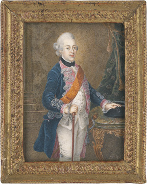 Lot 6822, Auction  112, König, Anton Friedrich, Bildnis König Friedrich Wilhelm II. von Preußen (1744-1797) als Kronprinz, in rosa gefütterter blauer Uniform mit Ordensband des Königlich Preußischen Schwarzen-Adlerordens, mit Dreispitz, Säbel und Spazierstock in Interieur vor Säule und grüner Draperie