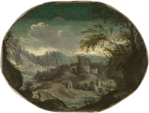 Lot 6925, Auction  113, Bunnik, Jan van - zugeschrieben, Südliche Berglandschaft mit Kastell und einem Wanderer