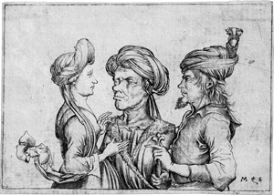 Lot 5311, Auction  114, Schongauer, Martin - Werkstatt, Die Kupplerin (Drei Figuren in halber Figur)