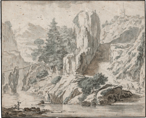 Lot 6618, Auction  116, Saftleven, Herman, Felsige Flusslandschaft mit Anglern, auf der Anhöhe eine Stadt