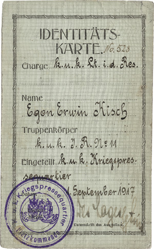 Lot 3001, Auction  118, Kisch, Egon Erwin, Identitätskarte Egon Erwin Kisch, Kriegspressequartier