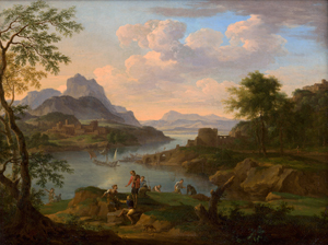 Lot 6021, Auction  118, Heusch, Jacob de, Weite Flusslandschaft mit rastenden Fischern und bukolischer Staffage