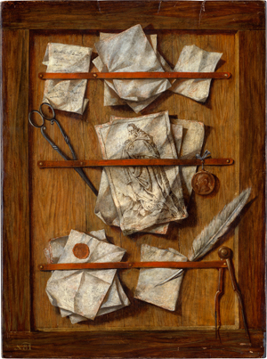 Lot 6023, Auction  118, Niederländisch, 18. Jh. . Trompe l'oeil: Steckbrett mit Schere, Federkiel, Briefen und einer Kamee