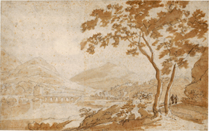 Lot 6620, Auction  118, Hackaert, Jan, Italienische Flusslandschaft mit einer Brücke