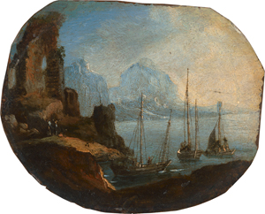 Lot 6003, Auction  120, Niederländisch, 1. Hälfte 17. Jh. Küstenlandschaft mit drei Segelschiffen