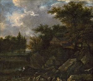 Lot 6025, Auction  120, Verboom, Adriaen Hendricksz., Hütte im Wald mit Flusslauf bei Gewitter