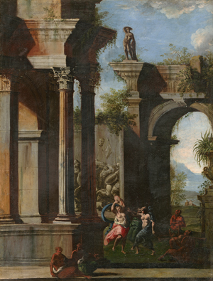 Lot 6021, Auction  121, Italienisch, 18. Jh. Ruinencapriccio mit Bacchanten und Satyrn