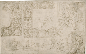 Lot 6620, Auction  121, Spada, Valerio, Studienblatt mit mythologischen und biblischen Szenen und Groteskenornament