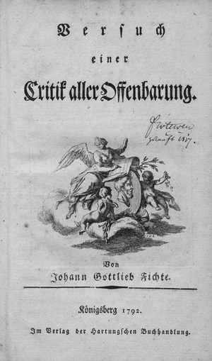 Los 1769 - Fichte, Johann Gottlieb - Versuch einer Critik aller Offenbarung. Königsberg, Hartung, 1792. - Erste Ausgabe von Fichtes erster Veröffentlichung, hier in einem Exemplar "aus der Hand des Herrn Verfassers" - 0 - thumb