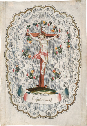 Los 1836 - Gekreuzigte, Der - Consummatum est. Niederlande um 1750. Spitzenbillet mit Golderhöhung - 0 - thumb
