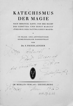 Los 3104 - Friedlaender, Salomo - Katechismus der Magie. Heidelberg, Merlin, 1925. - Erste Ausgabe. Widmungsexemplar für Ernst Marcus - 0 - thumb
