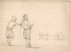 Lot 6841, Auction  125, Dänisch, 1844. Zwei Orientalen mit Fes und Turban, die Ankunft eines Fischerbootes am Strand von Tanger in Marokko verfolgend.