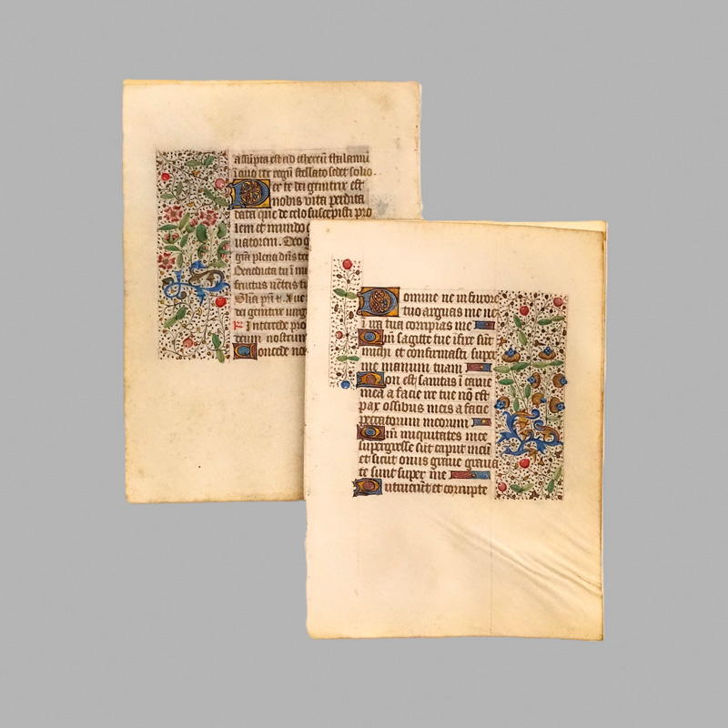 Lot 1019, Auction  125, Dornblattranken-Bordüren, 2 Doppelblätter aus einem spätmittelalterlichen Stundenbuch in lateinischer Handschrift auf Pergament. Ile-de-France um 1465.