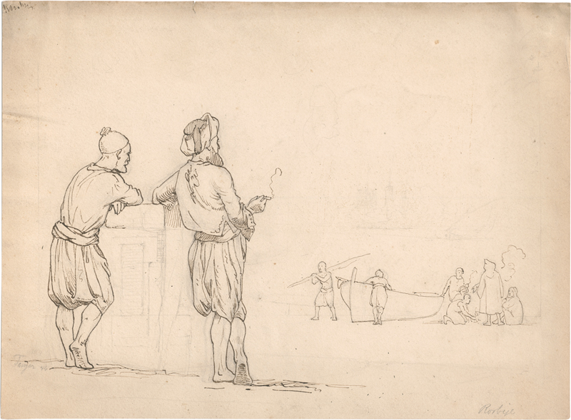 Lot 6841, Auction  125, Dänisch, 1844. Zwei Orientalen mit Fes und Turban, die Ankunft eines Fischerbootes am Strand von Tanger in Marokko verfolgend.