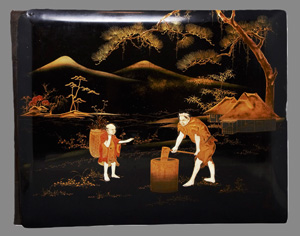 Lot 644, Auction  126, Japanische Lackeinbände, Zwei schwarze, reich verzierte Lackeinbände mit feiner Goldmalerei