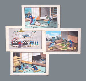 Lot 683, Auction  126, Traditionelle japanische Berufe, 4 farbige Originalzeichnungen. Format Koban yoko-e (13,5 x 21 cm).