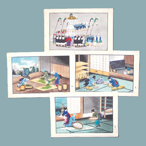 Los 683 - Traditionelle japanische Berufe - 4 farbige Originalzeichnungen. Format Koban yoko-e (13,5 x 21 cm). - 1 - thumb