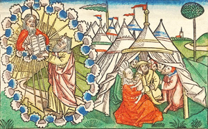 Los 1061 - Koberger-Bibel - Einzelblatt aus der "Neunten deutschen Bibel". Mit koloriertem Holzschnitt von Moses, der die Gesetzestafeln von Gott empfängt. Nürnberg, Anton Koberger, 1483 - 0 - thumb