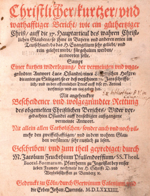 Lot 1131, Auction  126, Feucht, Jacobus, Christlicher, kurtzer und warhafftiger Bericht, wie ein gutherziger Christ auff die 37. Hauptarticul .. antworten solle
