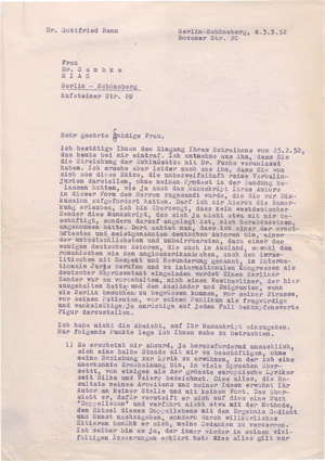 Lot 2508, Auction  126, Benn, Gottfried, Verteidigungsbrief an einen Rundfunksender. 1952