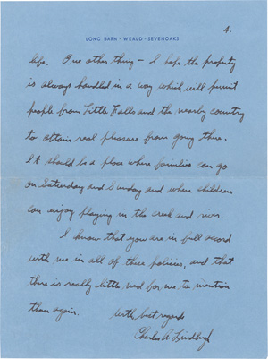 Lot 2592, Auction  126, Lindbergh, Charles, Brief über die Umgestaltung seiner Farm  in Miinnesota.1936