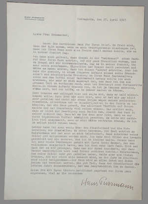Lot 2619, Auction  126, Purrmann, Hans, Brief an die Witwe des Malers Ernst Schumacher. 1963
