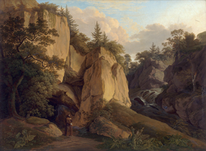 Lot 6047, Auction  126, Radl, Anton, Felslandschaft mit Wasserfall und Einsiedler bei einer Grotte