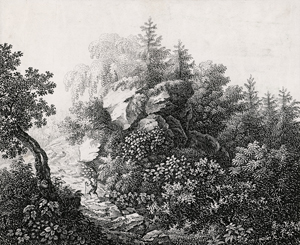 Lot 6639, Auction  126, Faber, Johann Theodor Eusebius - Schule, Waldpartie mit Felsformationen, im Mittelgrund ein Wanderer