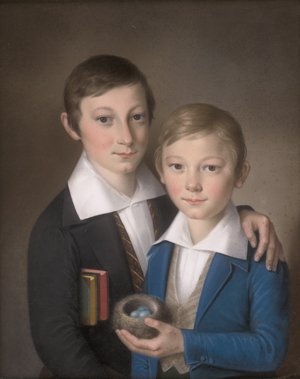 Lot 6680, Auction  126, Deutsch, Anfang 19. Jh. Porträt zweier Brüder, der ältere mit Büchern unter dem Arm, der jüngere mit Vogelnest und Amseleiern