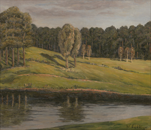 Lot 7004, Auction  126, Leistikow, Walter, Hügeliges Ufer mit Baumgruppen vor einem Kiefernwald, Abendlicht