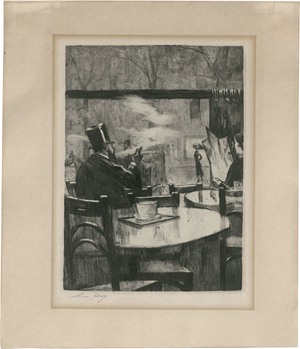 Lot 7026, Auction  126, Ury, Lesser, Herr mit Zylinder vor einem Kaffeehausfenster - in Rückenansicht