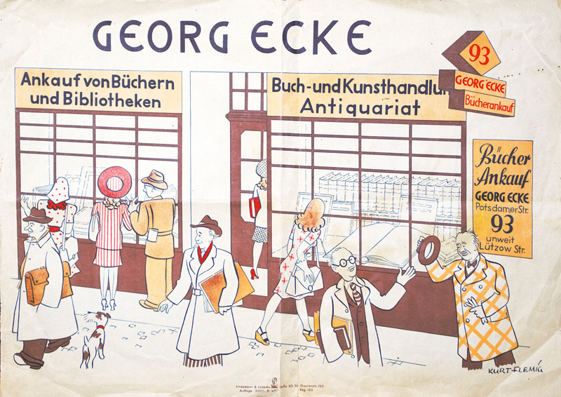 Lot 214, Auction 126, Flemig, Kurt, Georg Ecke. Buch- und Kunsthandlung. Antiquariat. Farbiges Kleinplakat