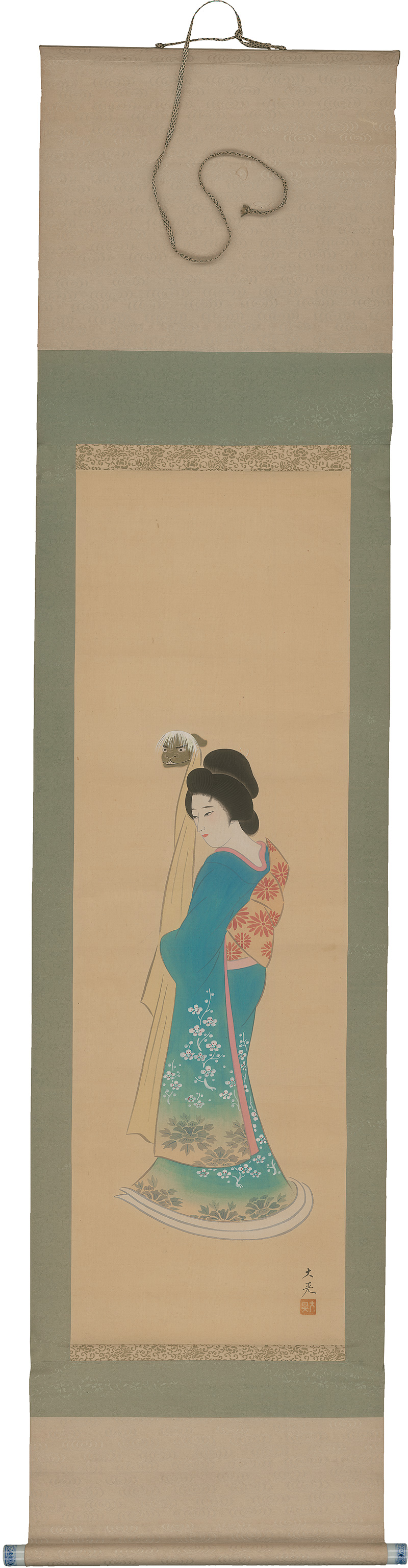 Lot 603, Auction 126, Bijin mit Theatermaske, Japanisches Kakemono-Rollbild einer Schönheit im Kimono
