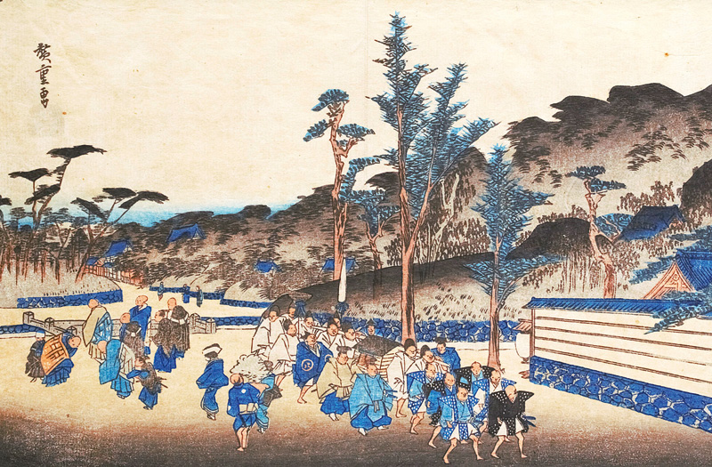 Lot 621, Auction  126, Hiroshige, Ando Ichiryusai, Zug eines Daimyo. Aus d. Serie "Tôto Meisho" (japonice: Berühmte Ansichten Edos). Shiba Shimmei, Sanoya Kihei, um 1838  