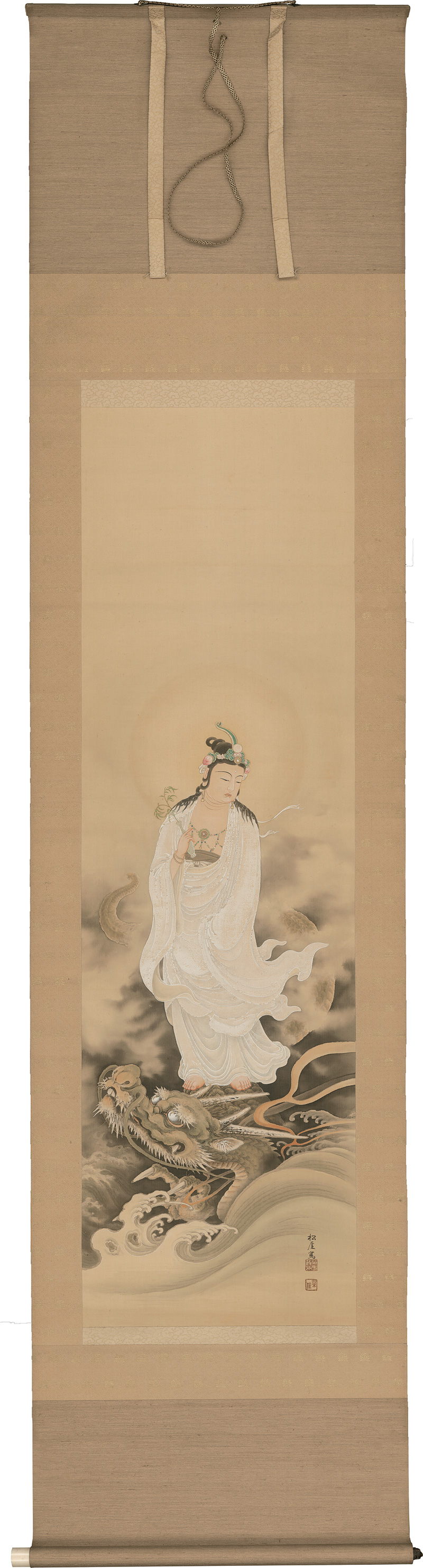 Lot 646, Auction  126, Kannon auf dem Drachen, Japanisches Kakemono-Rollbild der buddhistischen Schutzgottheit