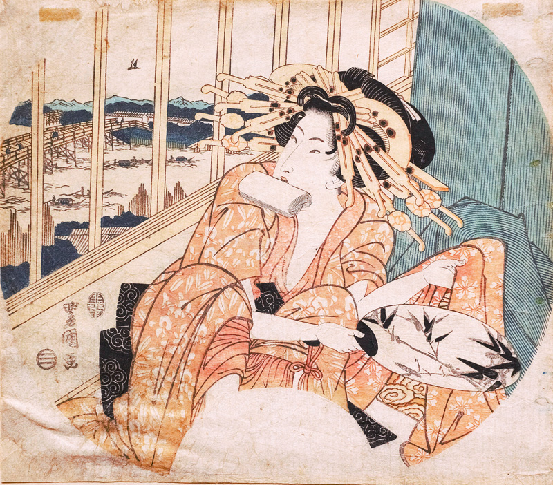 Lot 679, Auction 126, Toyokuni, Utagawa, Geisha sitzend mit Fächer in der Hand.