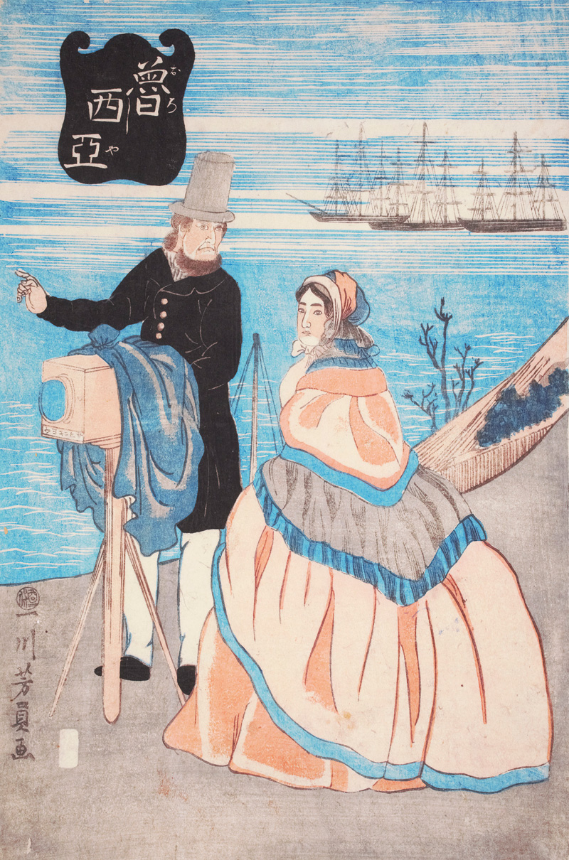 Lot 687, Auction 126, Yoshikazu, Ichijusai, Westliches Paar mit Fotoapparat am Hafen von Yokohama