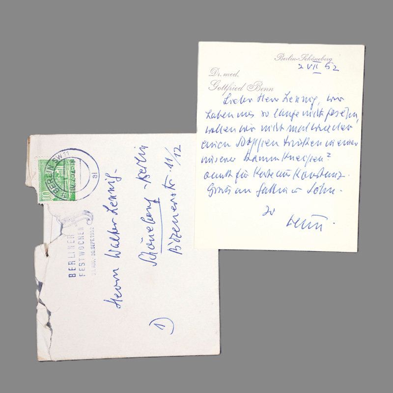 Lot 2507, Auction 126, Benn, Gottfried, Briefkarte an Walter Lennig. Mit Umschlag. 1952