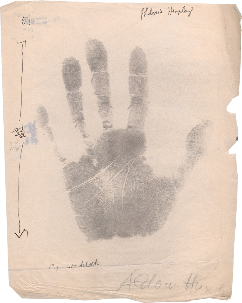 Lot 2533, Auction 126, Huxley, Aldous, Abdruck der linken Hand für eine Chirologin. Dabei 2 weitere Blätter. 1940