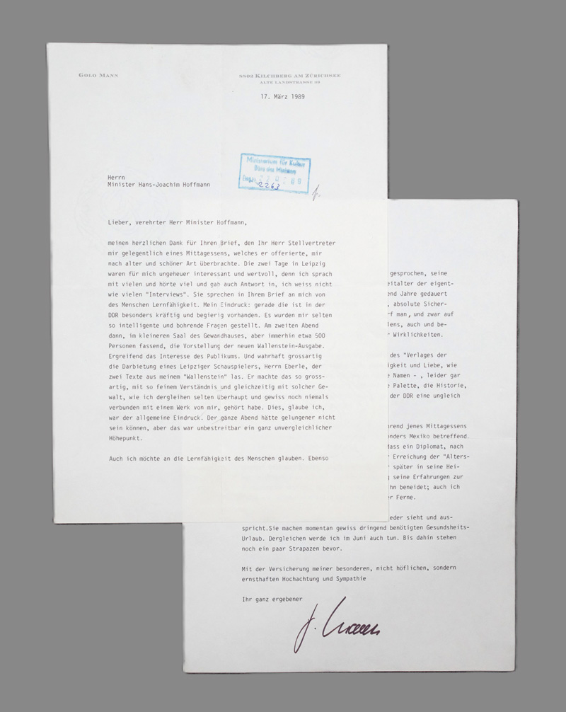 Lot 2535, Auction 126, Mann, Golo, Brief an den DDR-Kulturminister Hans-Joachim Hoffmann. Mit Beigabe. 1989