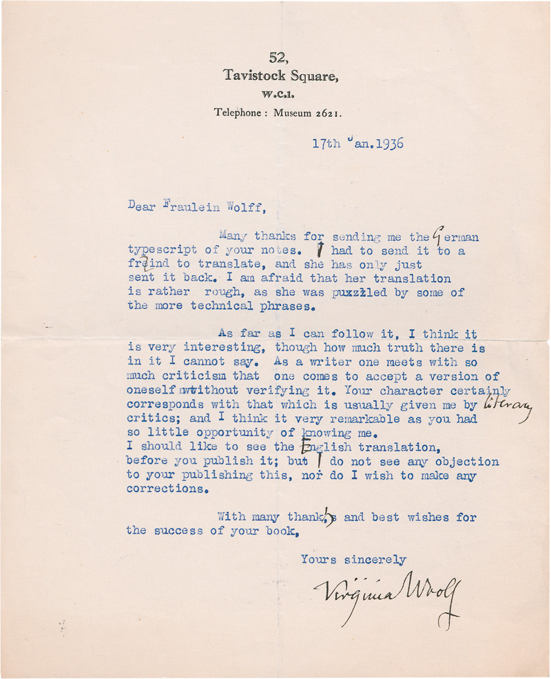 Lot 2551, Auction 126, Woolf, Virginia, Brief an Charlotte Wolff. 1936