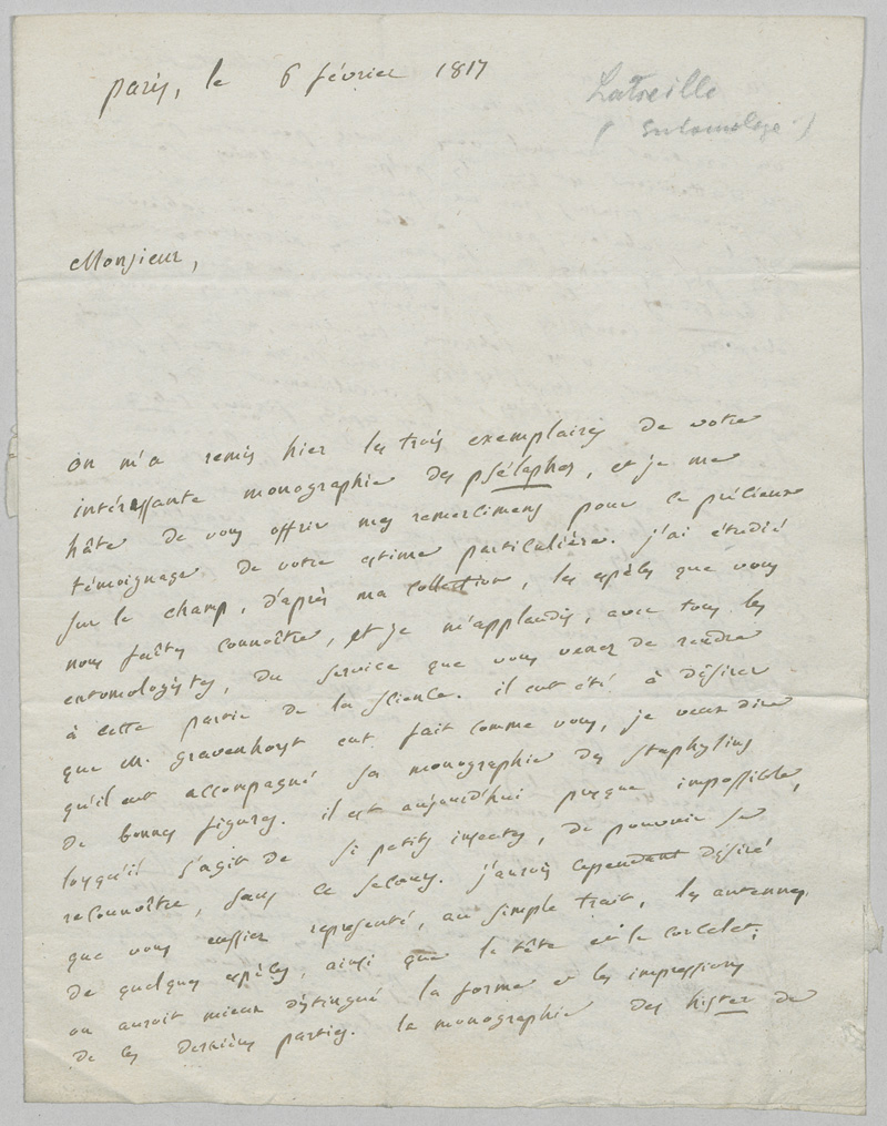 Lot 2561, Auction 126, Latreille, Pierre André, Brief an einen Fachkollegen. 1817