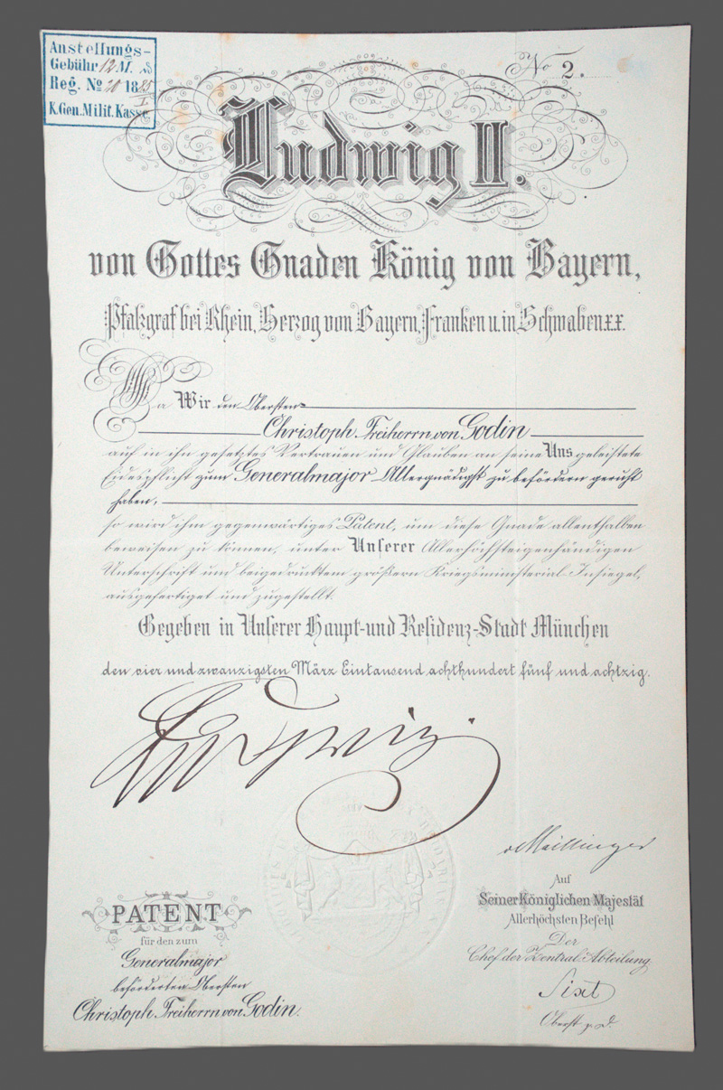 Lot 2575, Auction 126, Bayern., Urkunde: Patent als Generalmajor für Oberst von Godin. 1885