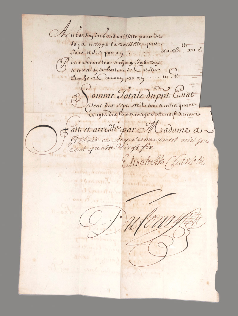 Lot 2578, Auction 126, Elisabeth Charlotte, Prinzessin von der Pfalz, Signierte Etat-Aufstellung. 1686