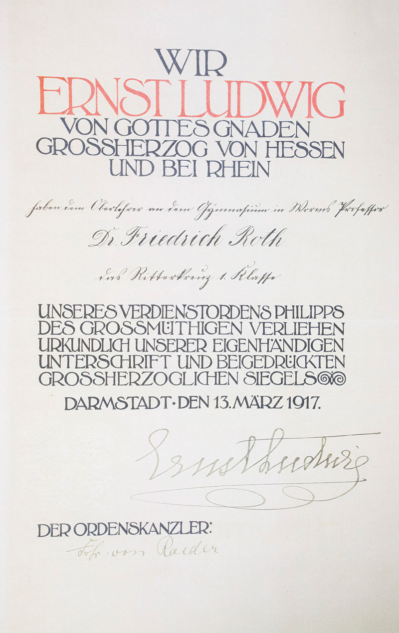 Lot 2579, Auction 126, Ernst Ludwig, Großherzog von Hessen-Darmstadt, Verleihung des Ritterkreuzes 1. Kl. 1917